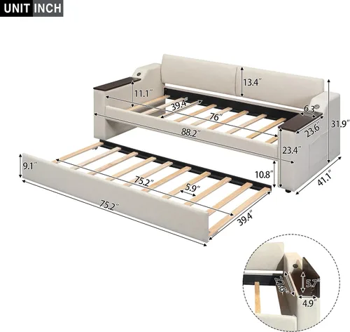 Vista 2 de Sofá cama doble con cama nido y 2 brazos de almacenamiento multifuncionales, marco de sofá cama de tela de lino con carga USB para habitación