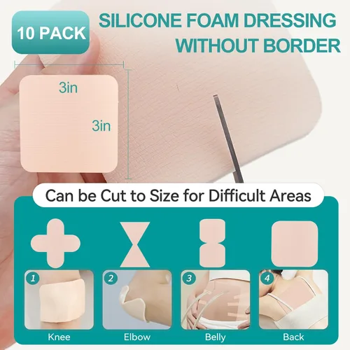 Vista 4 de Dimora Apósitos de Espuma de Silicona Sin Borde Paquete de 10 - 3" x 3" Altamente Absorbentes Adhesivos Impermeables para Heridas, Almohadillas