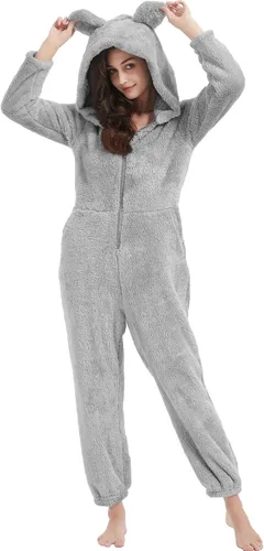Vista 5 de COZYPOIN Pijama con capucha de forro polar para mujer, con cremallera, ropa de dormir con orejas