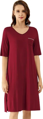 Vista 28 de WiWi - Camisón de viscosa de bambú para mujer, manga corta, con cuello en V, ropa de dormir, tallas grandes, S-4X, A-aqua