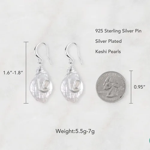 Vista 5 de Pendientes colgantes de perlas Keshi barrocas de agua dulce de 0.984-1.181 in para mujer