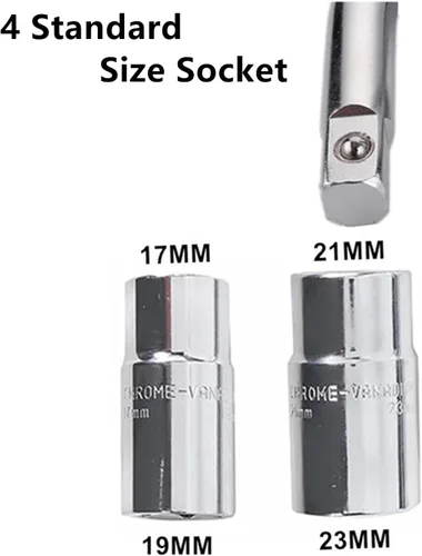 Vista 3 de llave de lengüeta universal extendida de 20 pulgadas de 4 vías de alta resistencia, llave de rueda estándar con enchufes de 17 mm, 19 mm, 21 mm, 23