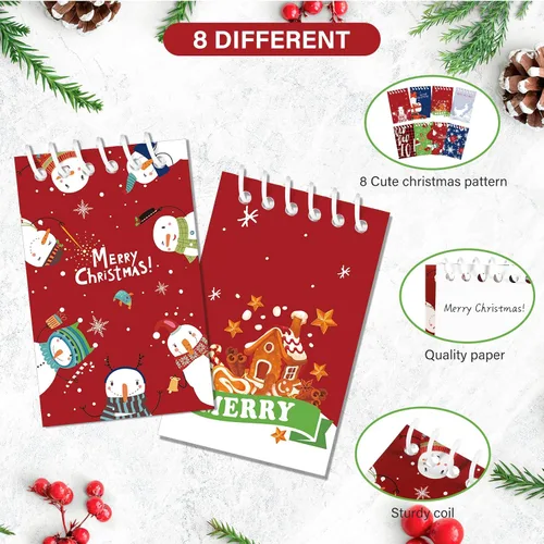 Vista 3 de 24 piezas de mini libretas en espiral de Navidad, pequeños blocs de notas con temática navideña, mini cuadernos con patrón de muñeco de nieve