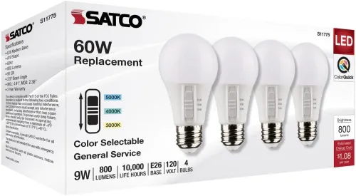 Vista 9 de Satco Bombilla LED S11775 9W 120V A19; Base mediana E26; CCT seleccionable; acabado blanco; 90 CRI (4 bombillas LED)