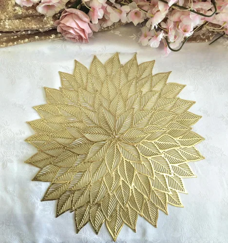 Vista 5 de Paquete de 10 manteles individuales metálicos de vinilo prensado/mantel individual decorativo de boda (Dhalia-dorado mate)