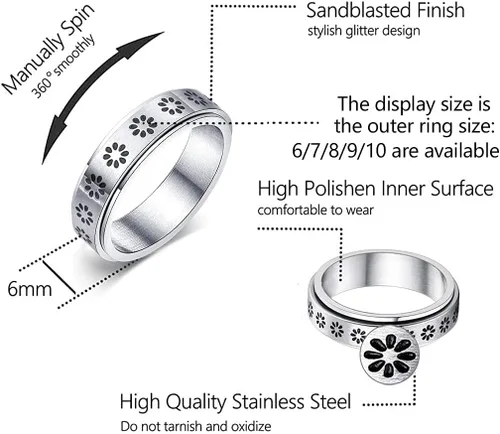 Vista 5 de KELAIEN 8 anillos de acero inoxidable para mujeres y hombres, anillos giratorios para ansiedad, anillos giratorios, flores, luna, estrella, sol