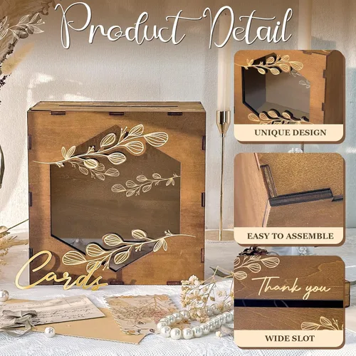 Vista 5 de Caja de tarjetas de boda marrón OurWarm con ventana de acrílico, caja de tarjetas de regalo de madera para decoraciones de recepción de boda, caja