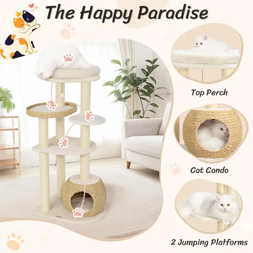 Vista 7 de KAMABOKO Árbol Moderno para Gatos, Torre de 53 pulgadas para Gatos de Interior, Postes Rascadores de Sisal Natural, Condominio Tejido a Mano