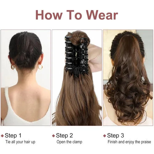 Vista 4 de Extensión de cola de caballo con clip, de 18 pulgadas, 20 pulgadas, rizada, ondulada, recta, cola de caballo larga con clip, para mujer, rubio ceniza
