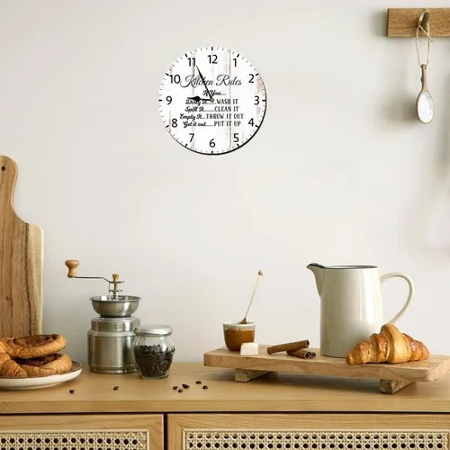 Vista 2 de Kitchen Rules - Reloj de pared de madera vintage, funciona con pilas, sin tictac, de 10 pulgadas, arte silencioso, rústico, para el hogar