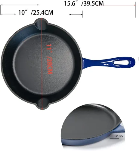 Vista 2 de HAWOK Sartén esmaltada de hierro fundido, sartén, DIA.10 pulgadas, con cubierta de asa, azul Azul marino