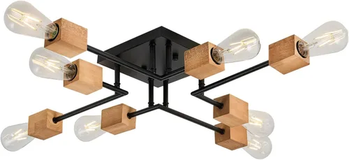 Vista 9 de Lámpara Sputnik moderna de 8 luces, color negro y madera, estilo retro, mate, lámpara de techo bohemia para cocina, comedor, sala de estar