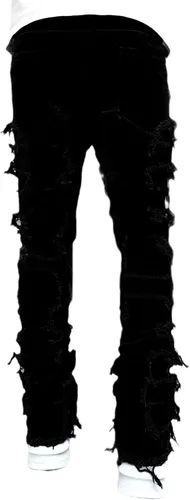 Vista 2 de Jeans elásticos ajustados para hombre, desgastados, con retazos, apilados, deshilachados, pierna recta, pantalones de mezclilla ajustados