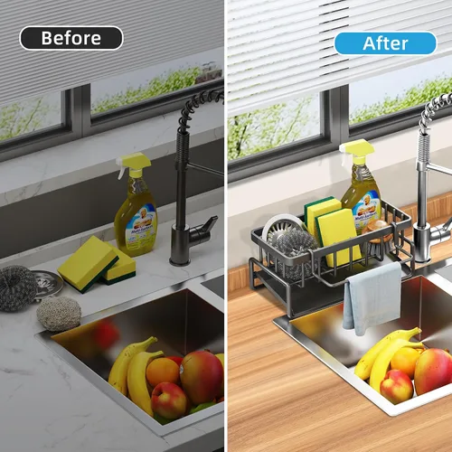 Vista 6 de Soporte de esponja para fregadero de cocina, organizador de fregadero de cocina autodrenante, organizador de esponja de acero inoxidable con estante