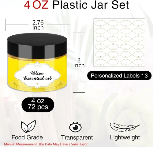 Vista 2 de PeacePeo Tarros de plástico con tapas, recipientes de slime de 4 onzas, 72 frascos de plástico transparente vacíos, recipientes de cosméticos