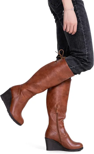 Vista 3 de Vepose Botas altas hasta la rodilla 9651 para mujer, de moda, con tacón de cuña, botas de pantorrilla para mujer