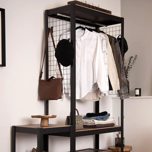 Vista 2 de KEPSUUL - Perchero de doble riel negro resistente para armario, estante modular personalizable de metal alto y almacenamiento con tablero de malla