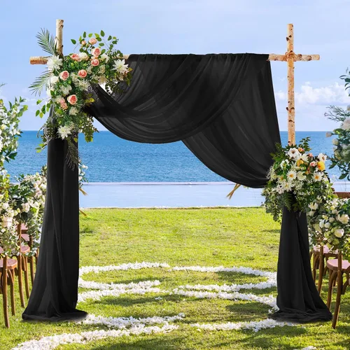 Vista 5 de SiinvdaBZX 2 Paneles Tela Drapeada de Arco de Boda 30" x 240" de Poliéster de Gasa Negra para Múltiples Ocasiones