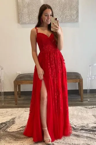 Vista 2 de Kncpti Vestidos de fiesta con tirantes delgados para mujer, apliques de encaje, hombros descubiertos, tul sexy, dividido, largo, formal, vestidos