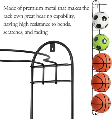 Vista 2 de MyGift Moderno estante de almacenamiento de pelotas deportivas de metal negro, pelota medicinal, baloncesto, pelota de fútbol, voleibol