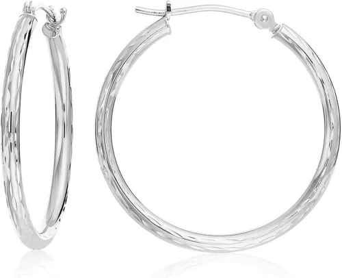 Vista 7 de Aretes redondos de oro blanco de 14 quilates grabados a mano con corte de diamante completo