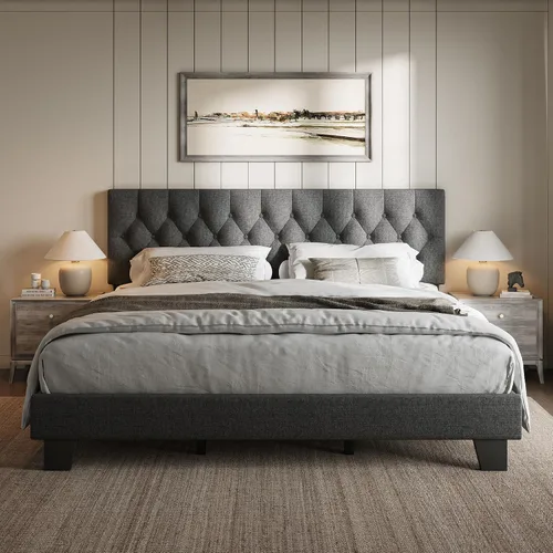 Vista 15 de iPormis Marco de cama tapizada de tamaño completo con cabecera capitoné con botones, plataforma de lino con patas de soporte engrosadas, sin