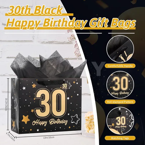 Vista 2 de Powbrace Bolsa de regalo de cumpleaños número 30 negra de 13 pulgadas con papel de seda y tarjeta de felicitación para fiestas, bolsa de regalo