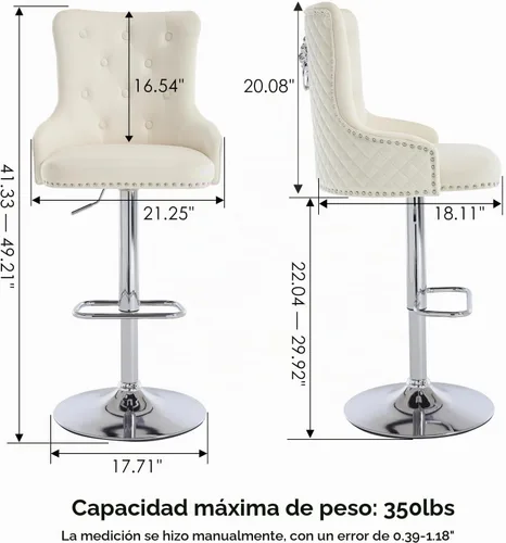 Vista 2 de Juego de 2 taburetes de bar de terciopelo, altura de mostrador moderna, giratorios ajustables, color crema