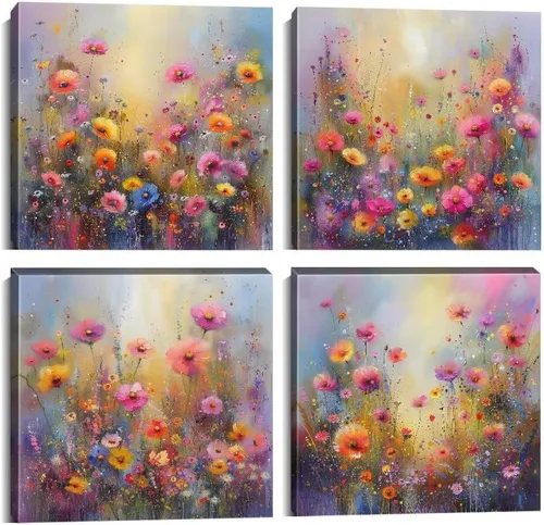 Vista 15 de Wall HDQ Arte de pared de flores para baño, dormitorio, sala de estar, decoración de pared azul y naranja, pintura floral, lienzo impreso, imagen