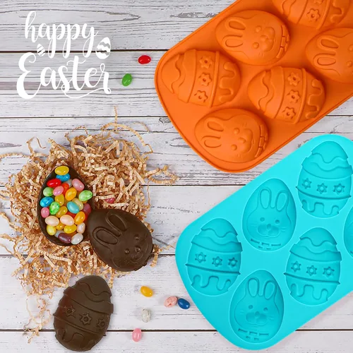 Vista 4 de Webake Moldes para huevos de Pascua, paquete de 2 moldes de chocolate de Pascua, moldes de silicona para magdalenas, molde antiadherente
