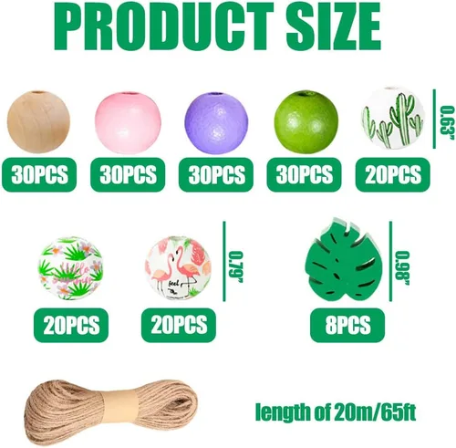 Vista 2 de 188 cuentas de madera estilo hawaiano de verano con hojas de palmera tropicales y cactus rosa, morado, verde, cuentas rústicas de granja con 65.6