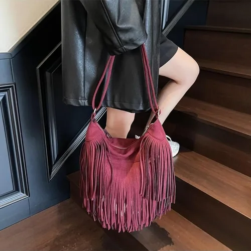 Vista 4 de Bolso hobo vintage con flecos, bolso cruzado de gamuza occidental para mujer, bolso de hombro bohemio y bolso de mano vaquera
