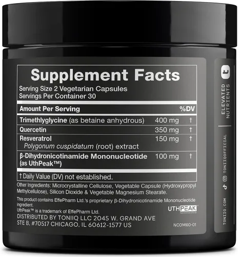 Vista 2 de Toniiq Suplemento NMNH – Complejo de 1,000 mg de potencia ultra alta con Uthpeak™ NMNH clínicamente estudiado, resveratrol, quercetina y TMG