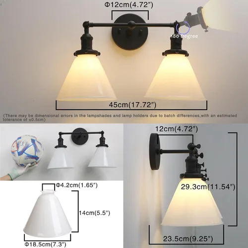 Vista 6 de PERMO Aplique doble vintage industrial negro 2 luces apliques de pared con embudo de vidrio acampanado pantalla de vidrio de leche antiguo