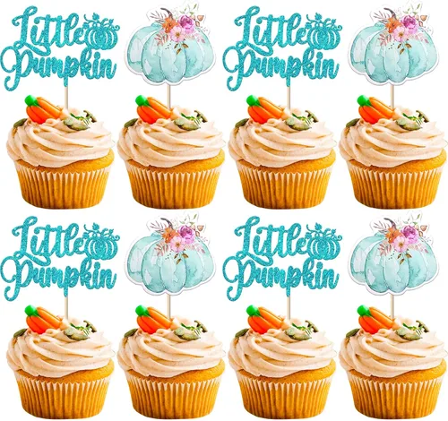 Vista 8 de Paquete de 24 adornos para cupcakes de calabaza con purpurina para cupcakes de calabaza para Acción de Gracias, baby shower, decoración de cupcakes