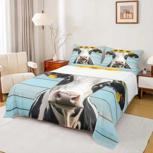 Vista 9 de Erosebridal Sábanas de cama con estampado de vaca, tamaño individual, juego de sábanas de girasol, juegos de sábanas y fundas de almohada con Multi