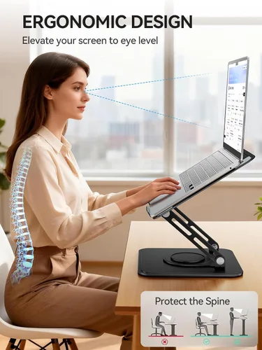 Vista 2 de tounee Soporte para computadora portátil para escritorio, soporte ajustable para computadora con base giratoria de 360°, elevador ergonómico