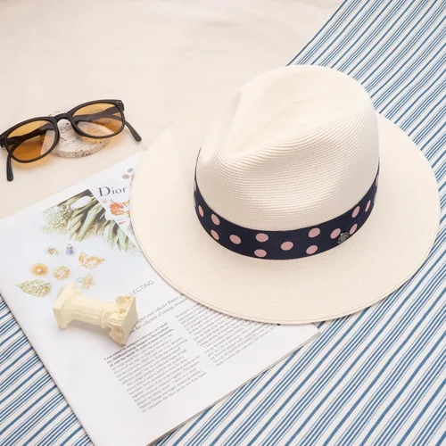 Vista 7 de Pineapple&Star Sun Straw Fedora Beach Hat Fine Braid UPF50+ for Women Dottiblue