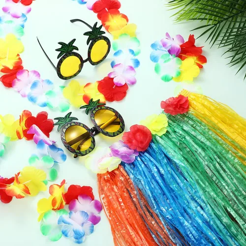 Vista 3 de Skylety 2 Sets 60 cm Luau Hula Grass Skirt with Pineapple Sunglasses Flower Accessories for Dance