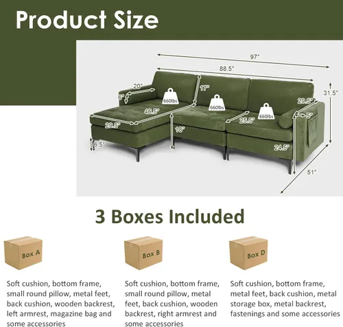 Vista 3 de OUDINI Sofá modular en forma de L, sofá reversible en forma de L, sofá modular de lino, con diván reversible y 2 puertos USB del ejército para sala