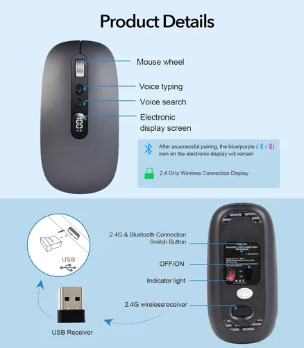 Vista 7 de Ratón inalámbrico AI con traductor de voz a texto y más de 200 idiomas, Bluetooth 5.0 inalámbrico silencioso para MacBook/PC/portátil, USB-C