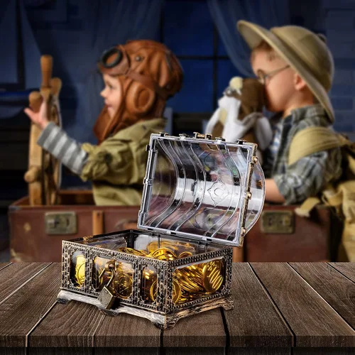 Vista 6 de Cofre del tesoro antiguo transparente para niños, almacenamiento pirata de plástico y caja decorativa