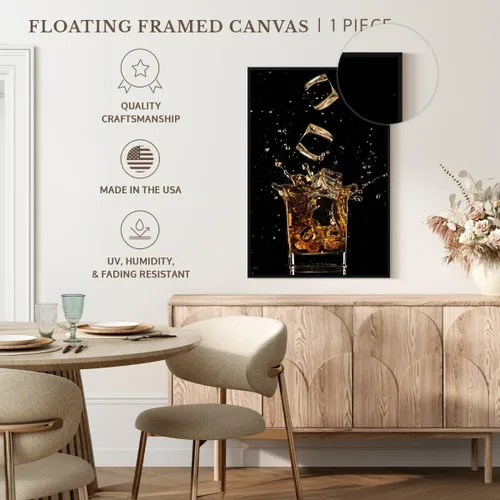 Vista 4 de ElephantStock - Arte de pared con salpicaduras de hielo de whisky - Lienzo enmarcado flotante vertical - Decoración de pared de comedor - Arte