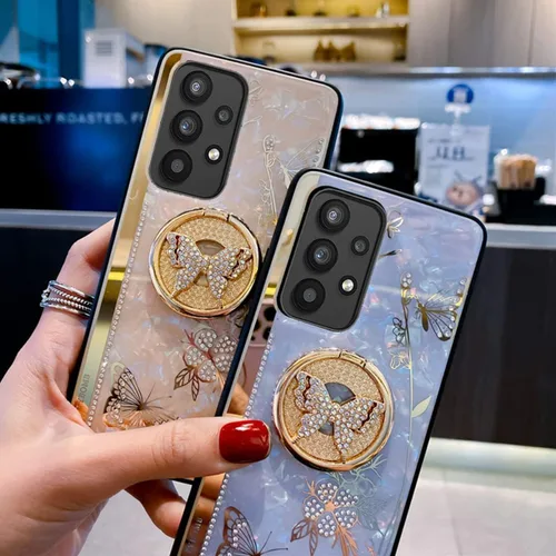Vista 4 de Changjia Funda con función atril para Samsung Galaxy A15 5G, bonita funda con purpurina 3D con diamantes de imitación de mariposa con diamantes