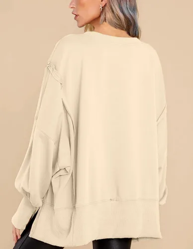 Vista 4 de BWQ - Sudadera de gran tamaño para mujer, cuello redondo, manga larga, sin botones, tallas S-2XL