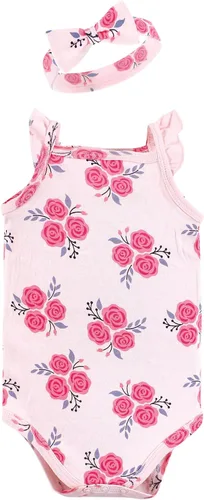 Vista 4 de Hudson Baby Conjunto de body sin mangas y diadema para niñas Conjunto de camiseta para bebés y niños pequeños Rosas azul marino rosa