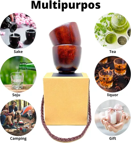 Vista 3 de Vasos de chupito de madera con caja de regalo – Juego de tazas de sake de madera hechas a mano para té, soju, licor y camping – Taza de madera