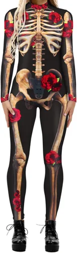 Vista 21 de Disfraz de esqueleto de calavera para mujer, overol de una pieza para Halloween 3D printed skull skeleton robot costume, Back zipper closure