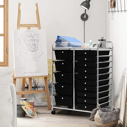 Vista 2 de LUARANE - Carrito rodante con 15 cajones, carrito de almacenamiento para manualidades con asas portátiles y ruedas con cerradura, organizador