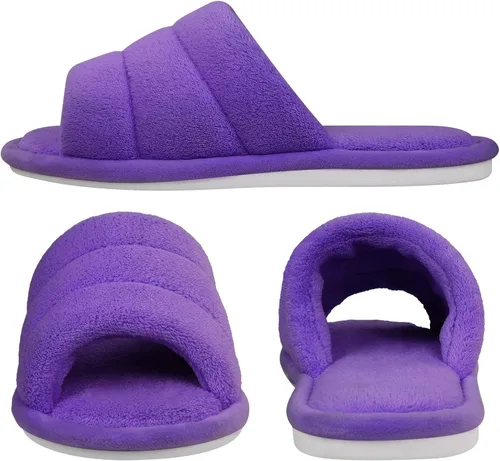 Vista 3 de shevalues Pantuflas de tela de rizo con punta abierta para mujer, pantuflas de espuma viscoelástica